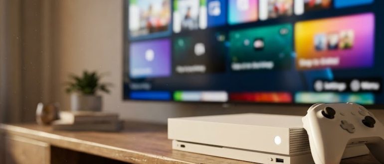 Игровая консоль и геймпад у телевизора с открытым магазином игр