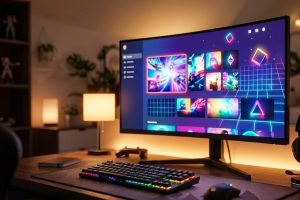 Игровое рабочее место с монитором, клавиатурой и наушниками