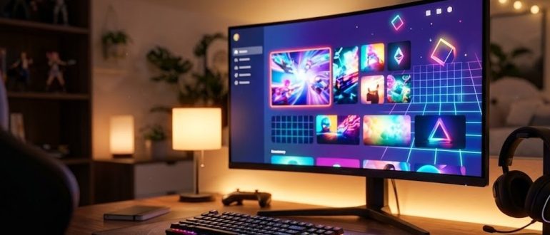 Игровое рабочее место с монитором, клавиатурой и наушниками