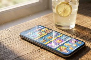 Смартфон с игровым магазином на деревянном столе летним днём